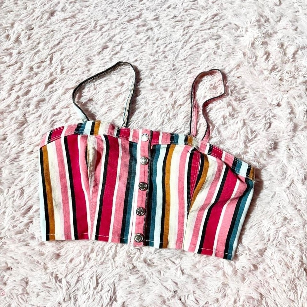 Y2K Colorful Rainbow Stripe Bustier Corset Denim Crop Top Womens L‎ Maximalist
